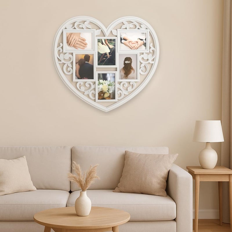 JOICE GIFT White Wall Large Hanging Heart Shape Collage Picture Frame 6 Opening 4" x 6" - Image 2
